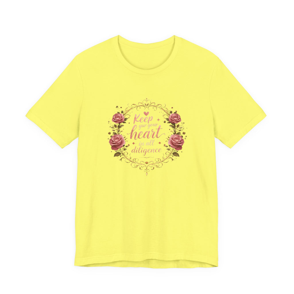 Yellow t-shirt with floral design and text on a white background