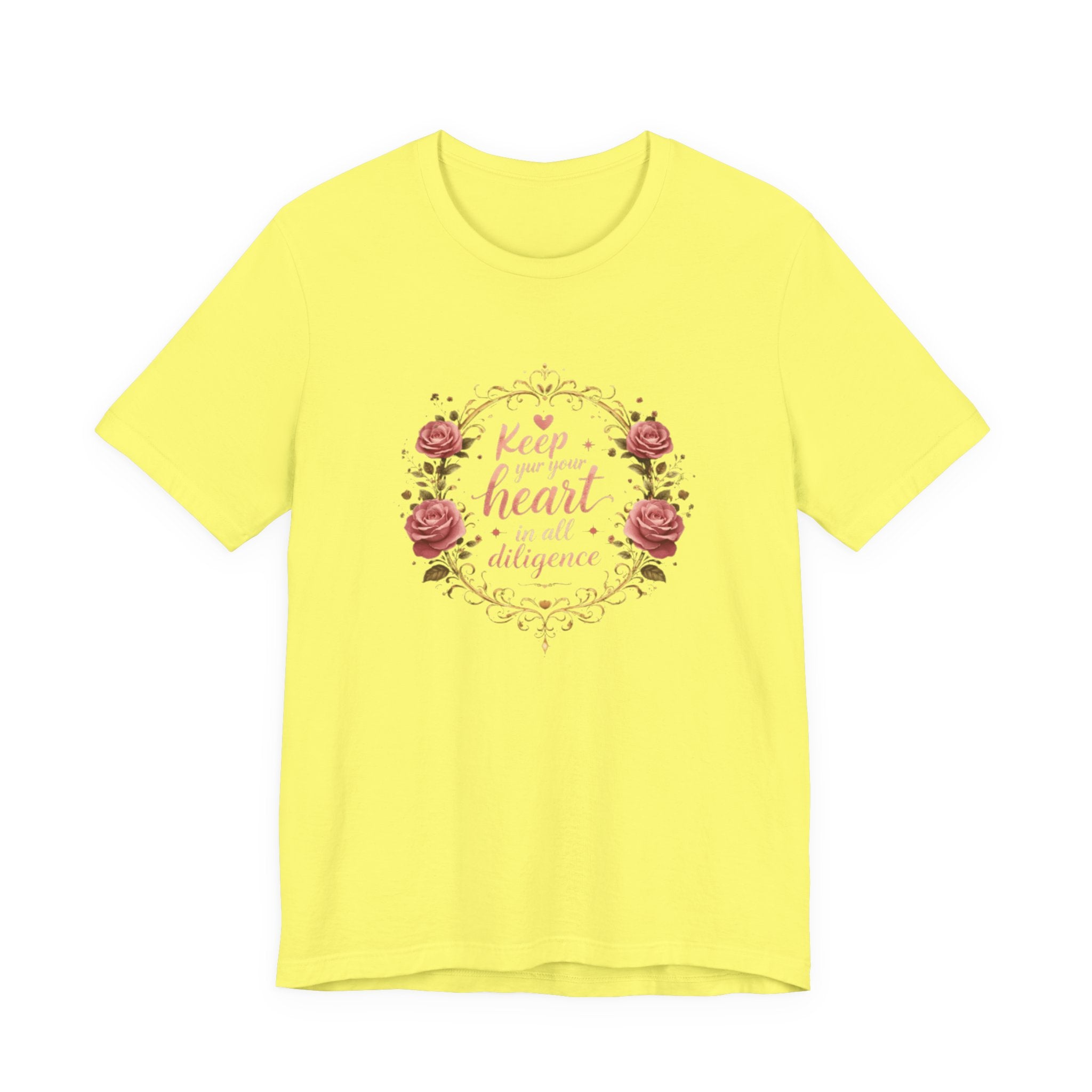 Yellow t-shirt with floral design and text on a white background