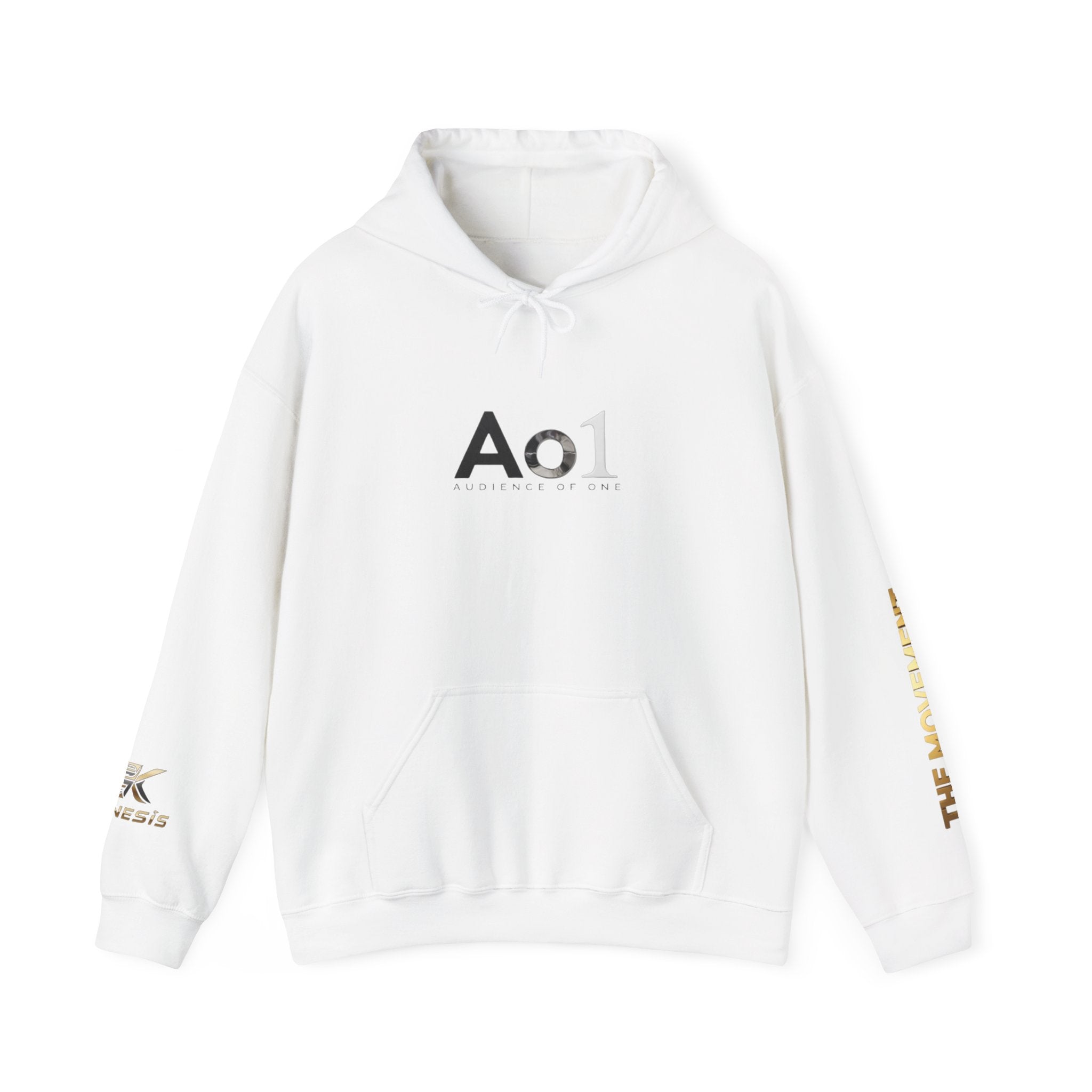 Ao1 Logo Hoodie — Minimalist White Pullover with Gold Sleeve Text
