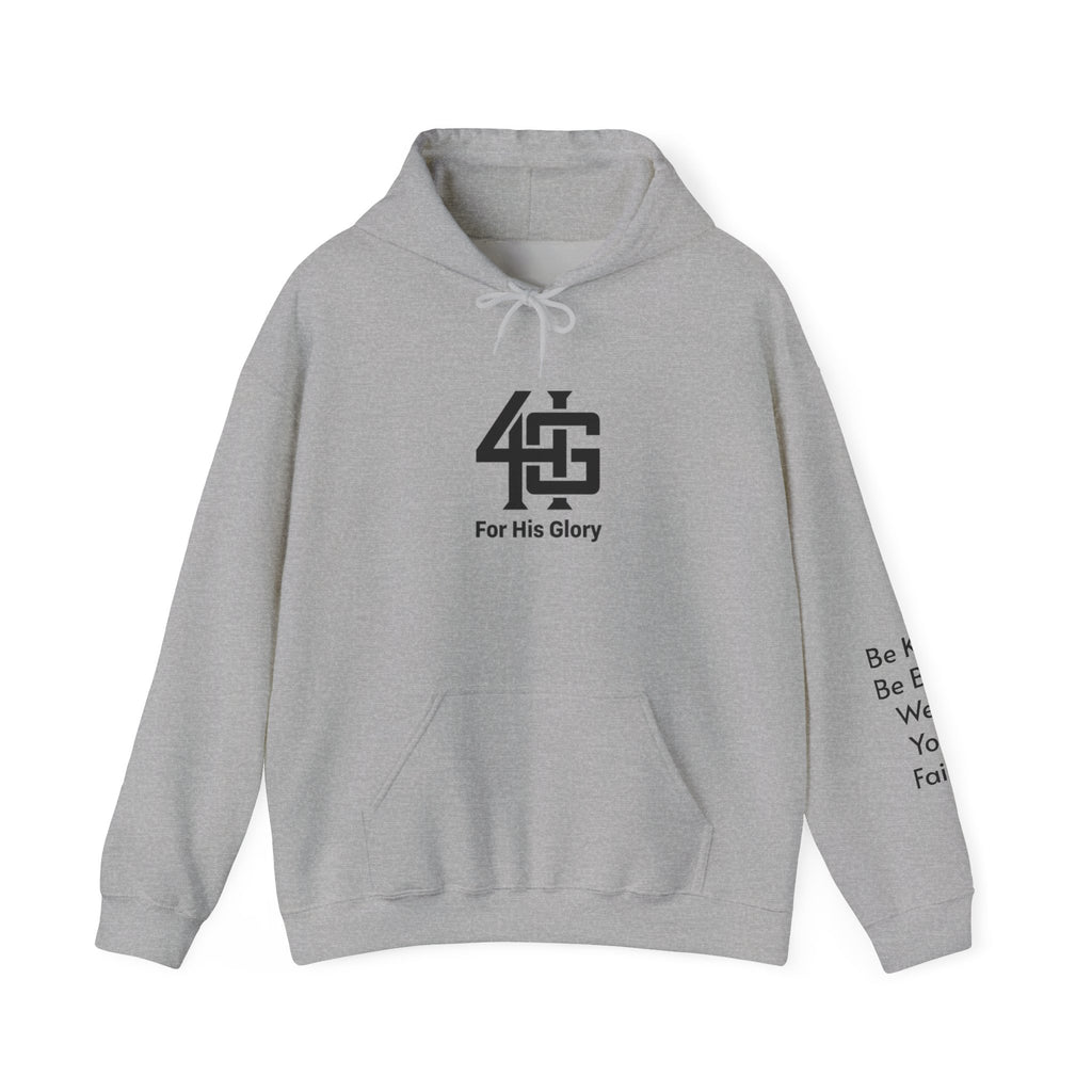 Gray hoodie with black logo and text on a white background