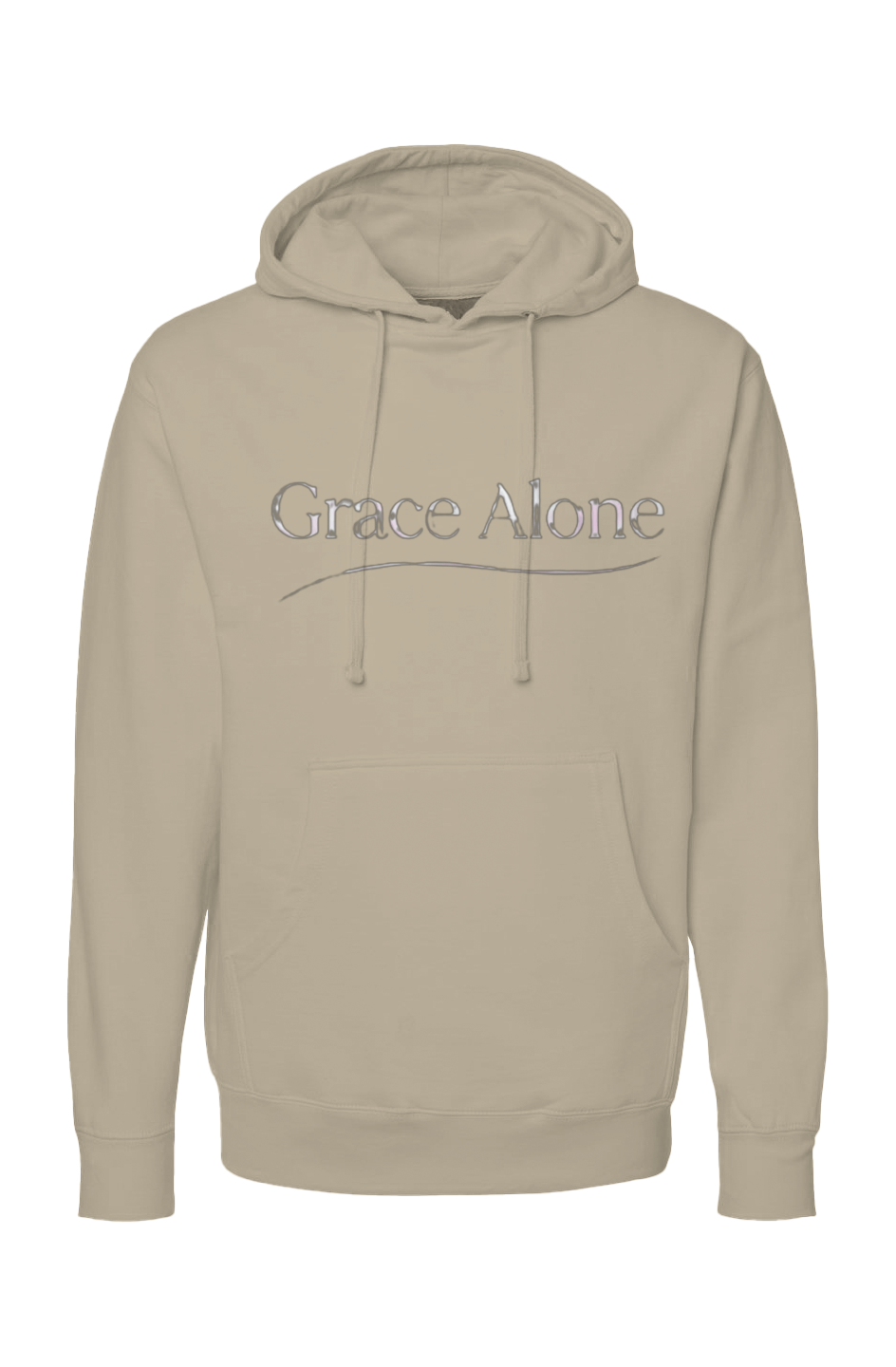 Grace Alone Christian Hoodie in Sandstone — front view showing Sola Gratia Grace Alone Reformed theology graphic, premium faith-based pullover hoodie by 4HG