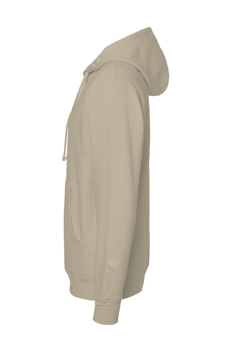 Grace Alone Christian Hoodie in Sandstone — left sleeve view showing Sola Gratia Grace Alone design detail, premium faith-based pullover hoodie by 4HG