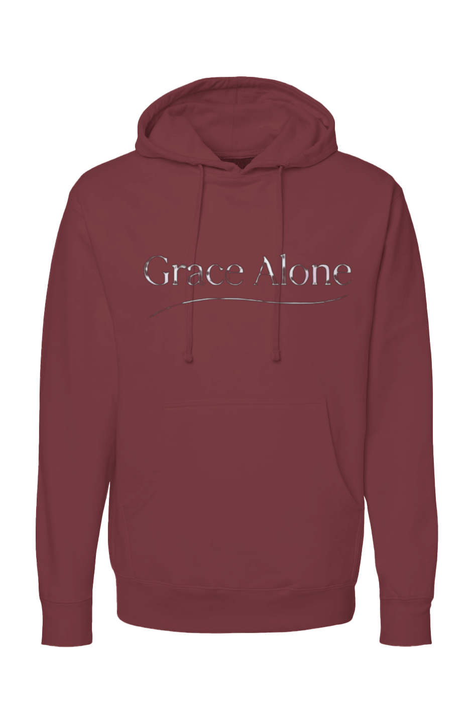 Grace Alone Christian Hoodie in Maroon — front view showing Sola Gratia Grace Alone Reformed theology graphic, premium faith-based pullover hoodie by 4HG