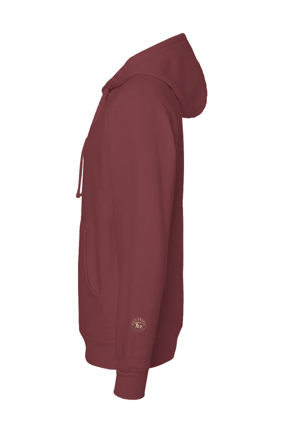 Grace Alone Christian Hoodie in Maroon — left sleeve view showing Sola Gratia Grace Alone design detail, premium faith-based pullover hoodie by 4HG
