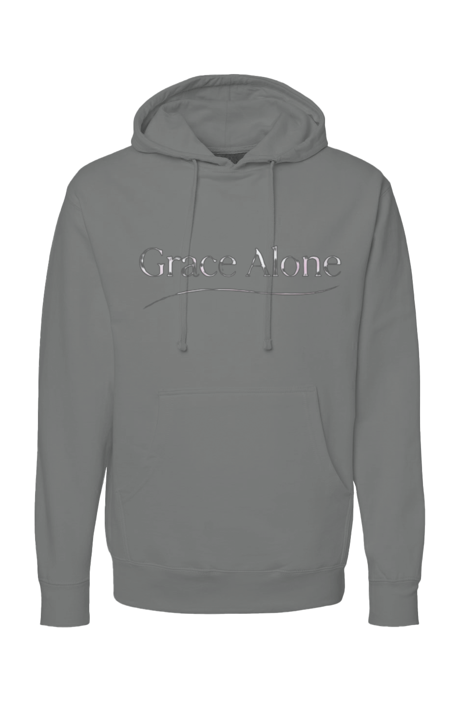 Grace Alone Christian Hoodie in Charcoal — front view showing Sola Gratia Grace Alone Reformed theology graphic, premium faith-based pullover hoodie by 4HG
