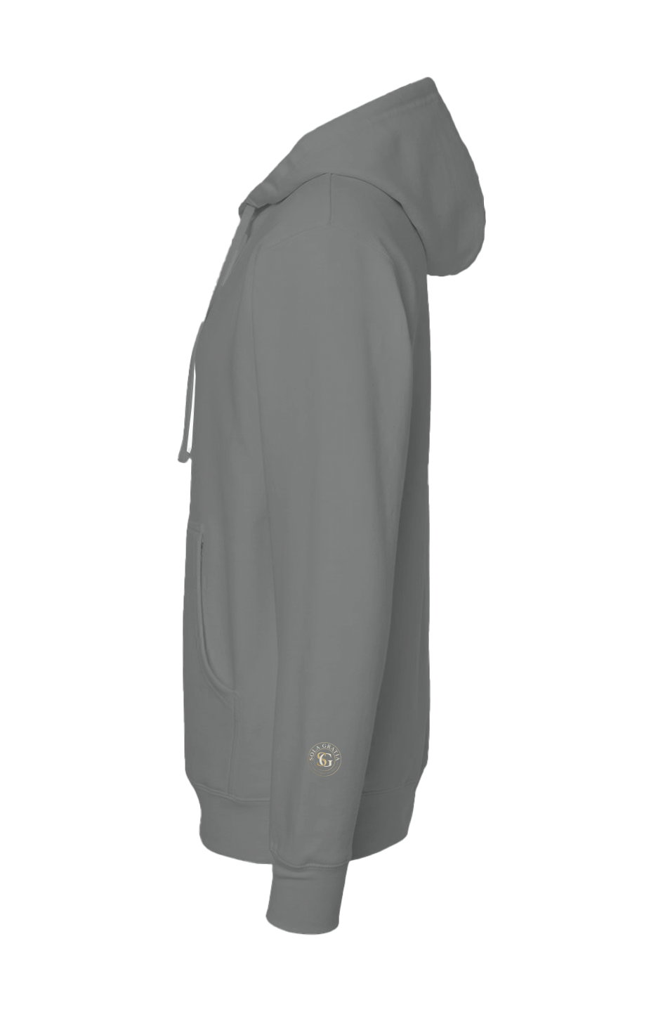 Grace Alone Christian Hoodie in Charcoal — left sleeve view showing Sola Gratia Grace Alone design detail, premium faith-based pullover hoodie by 4HG