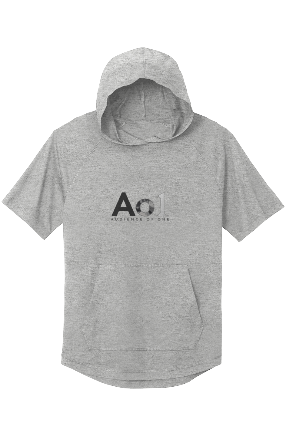 Audience of One Short Sleeve Hoodie in Light Grey Heather — front view showing Colossians 3:23 Audience of One gospel graphic, performance faith-based short sleeve hoodie by 4HG
