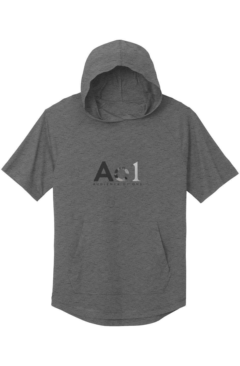 Audience of One Short Sleeve Hoodie in Dark Grey Heather — front view showing Colossians 3:23 Audience of One gospel graphic, performance faith-based short sleeve hoodie by 4HG