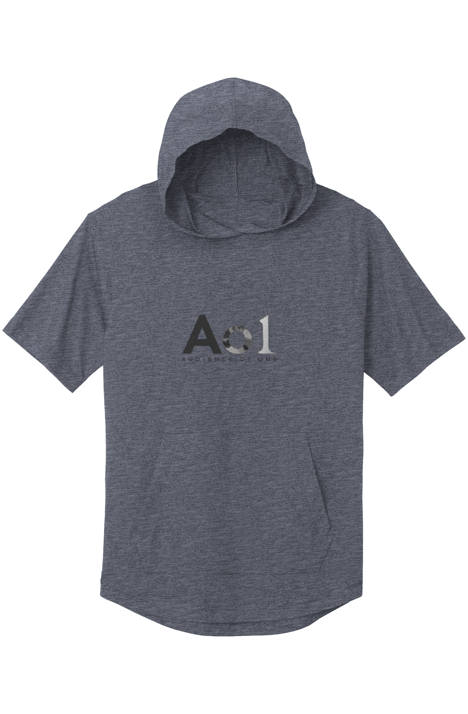 Audience of One Short Sleeve Hoodie in True Navy Heather — front view showing Colossians 3:23 Audience of One gospel graphic, performance faith-based short sleeve hoodie by 4HG