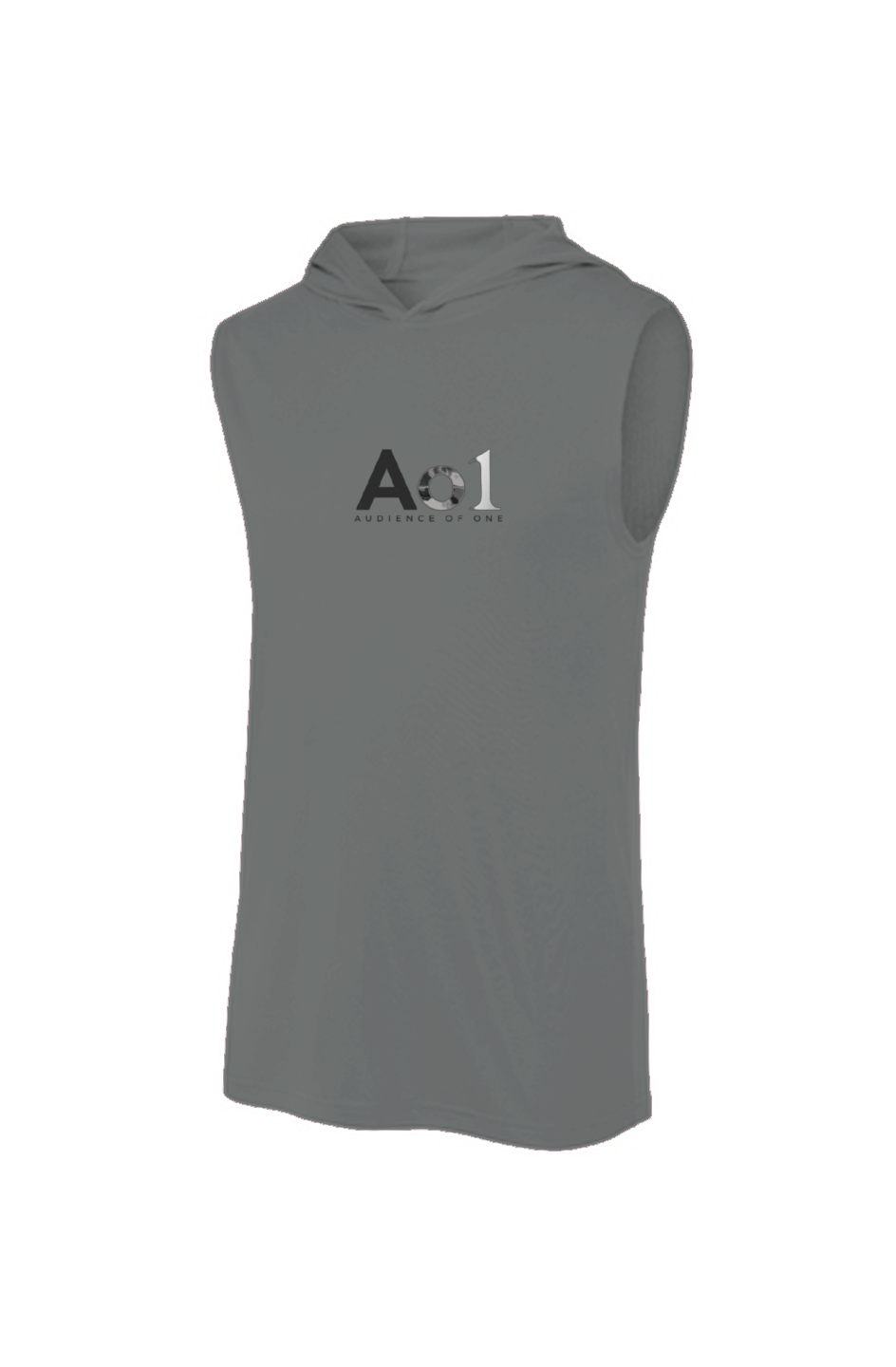 Audience of One Sleeveless Hoodie in Iron Grey — front view showing Colossians 3:23 Audience of One gospel graphic, performance faith-based sleeveless hoodie by 4HG