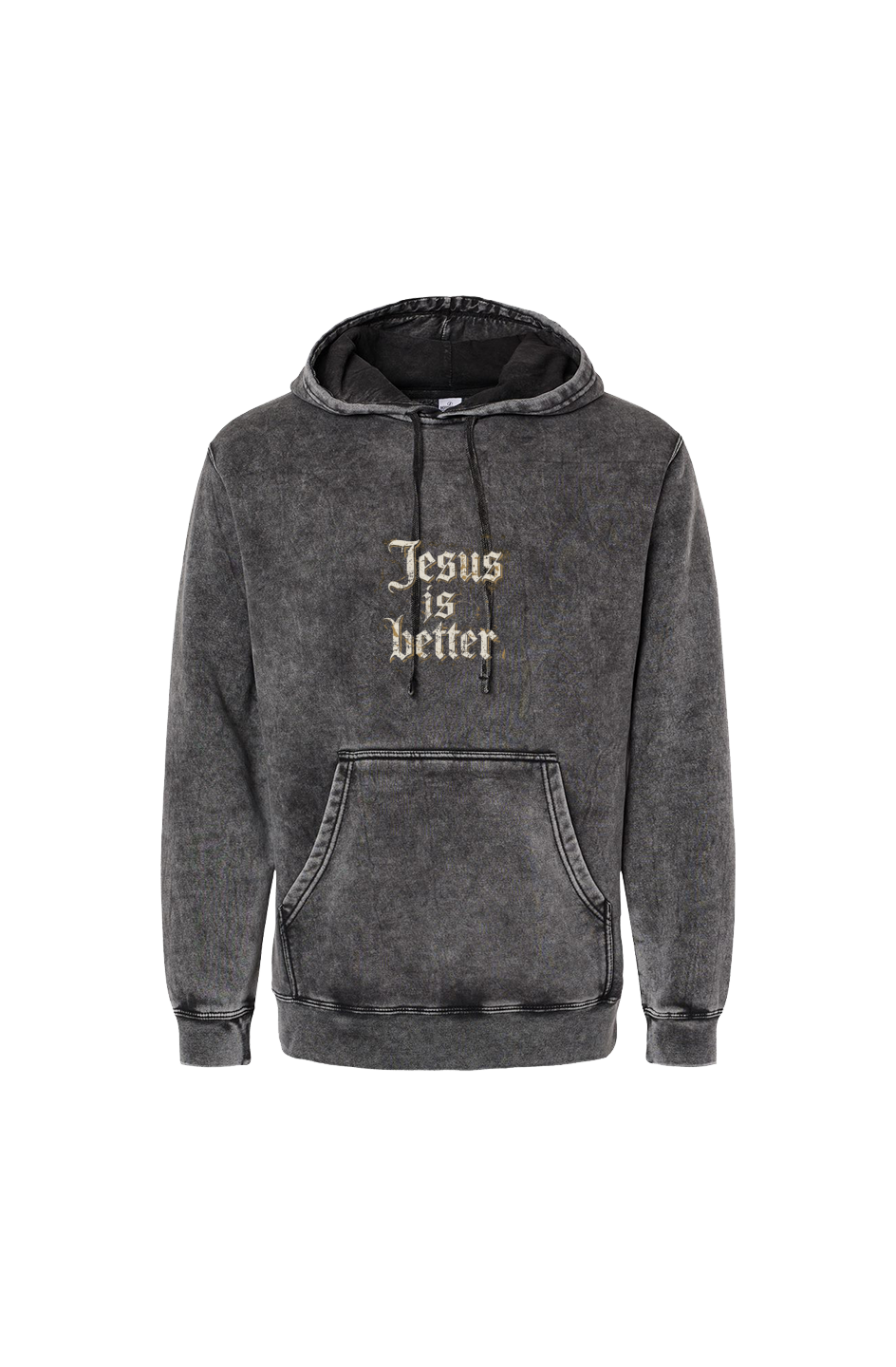 Jesus Is Better Mineral Wash Hoodie in Black — back view showing design detail, premium mineral wash Christian hoodie by 4HG