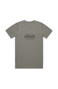 With All His Strength Faded T-Shirt in Faded Dust — front view showing Colossians 1:29 With All His Strength graphic, garment-dyed Christian tee by 4HG