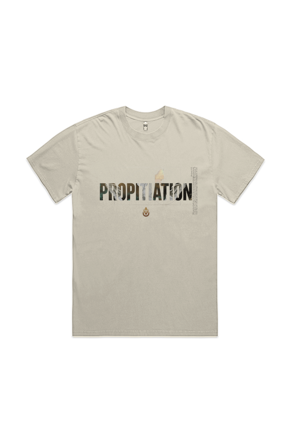 Propitiation Heavy Faded Tee in Faded Ecru — front view showing Propitiation theology graphic, 7.1 oz 100% carded cotton heavyweight vintage faded Christian tee by 4HG