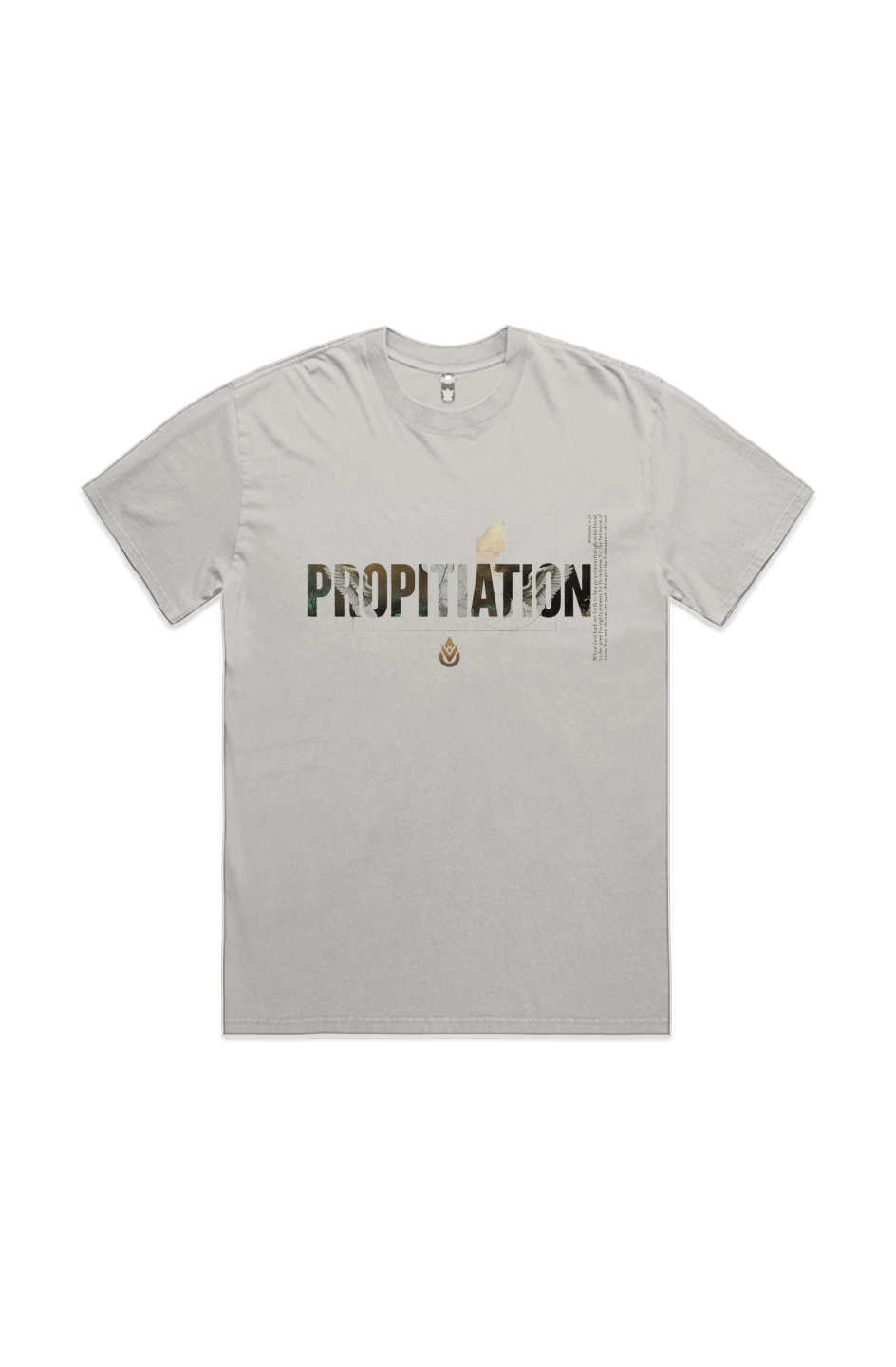 Propitiation Heavy Faded Tee in Faded Bone — front view showing Propitiation theology graphic, 7.1 oz 100% carded cotton heavyweight vintage faded Christian tee by 4HG