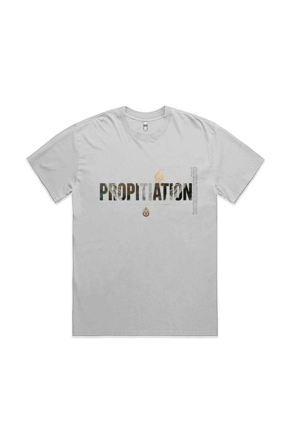 Propitiation Heavy Faded Tee in Faded White — front view showing Propitiation theology graphic, 7.1 oz 100% carded cotton heavyweight vintage faded Christian tee by 4HG