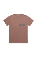 Sanctified Heavy Faded Tee in Faded Pink — front view showing Sanctified theology graphic, 7.1 oz 100% carded cotton heavyweight vintage faded Christian tee by 4HG
