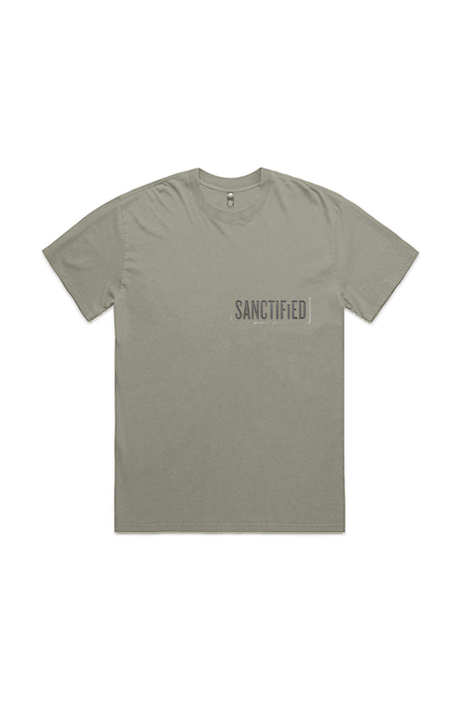 Sanctified Heavy Faded Tee in Faded Eucalyptus — front view showing Sanctified theology graphic, 7.1 oz 100% carded cotton heavyweight vintage faded Christian tee by 4HG