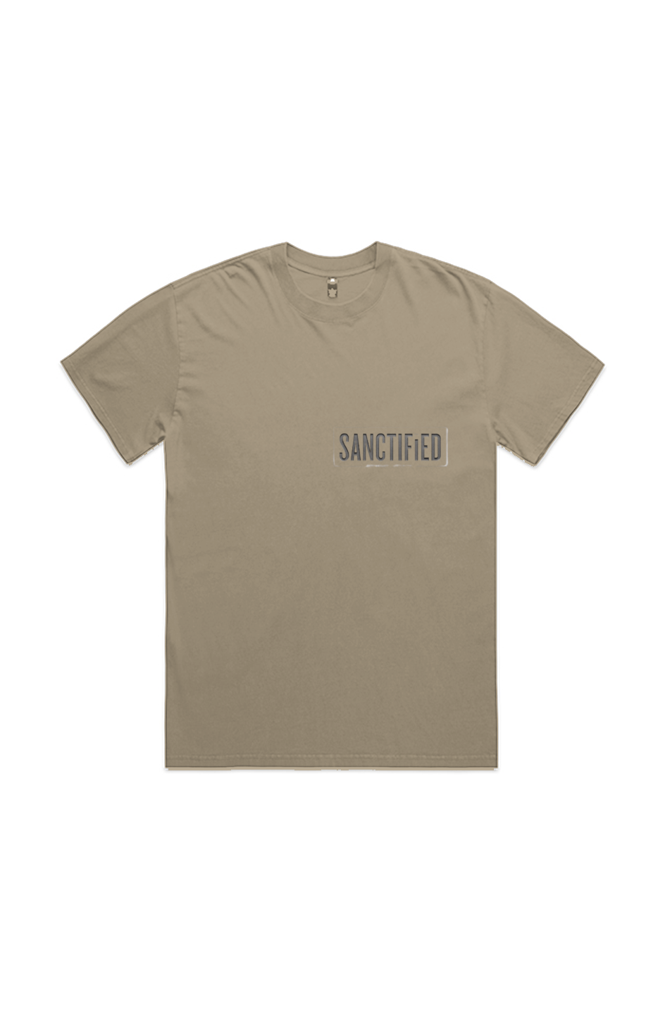 Sanctified Heavy Faded Tee in Faded Khaki — front view showing Sanctified theology graphic, 7.1 oz 100% carded cotton heavyweight vintage faded Christian tee by 4HG