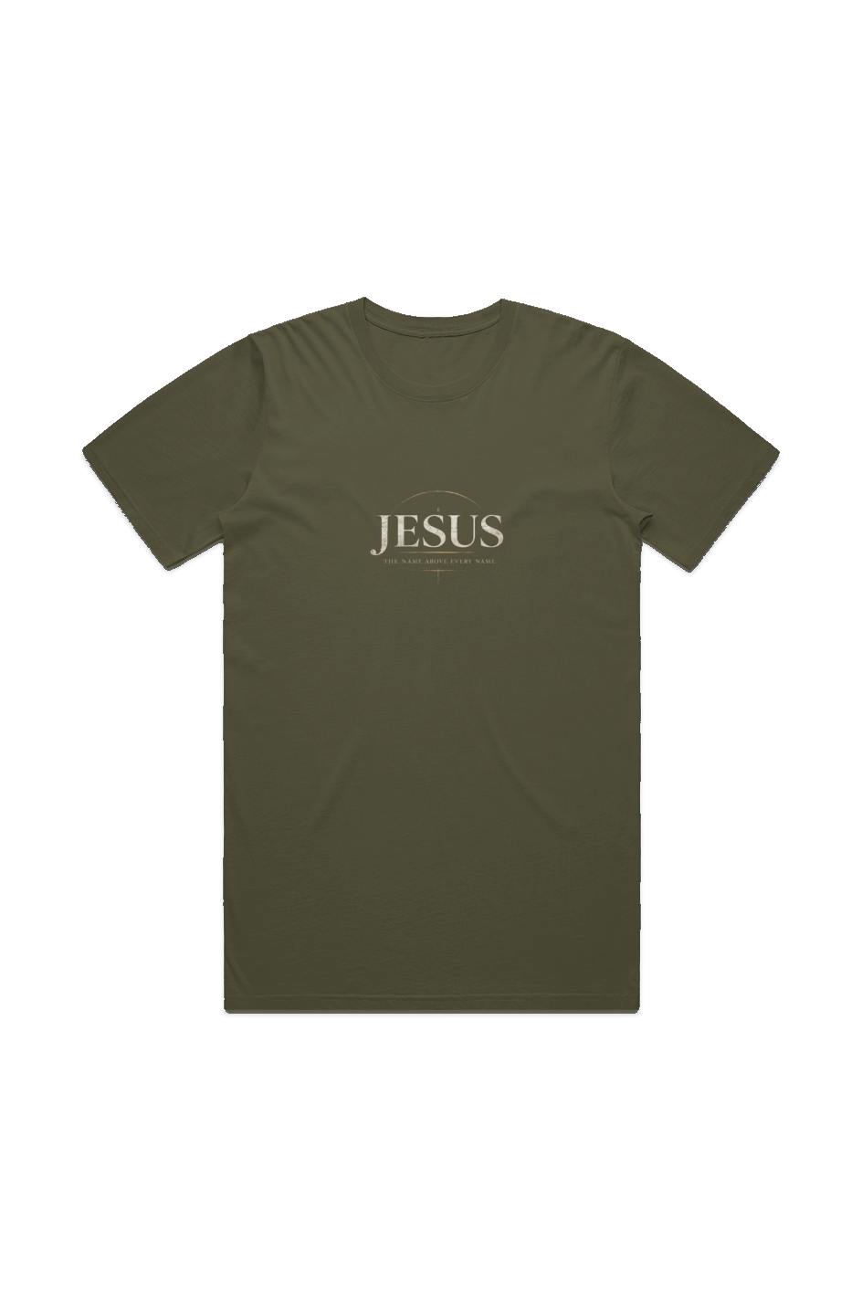 The Name Above Every Name Faded Tee in Faded Army — front view showing Philippians 2:9-11 Name Above Every Name graphic, garment-washed Christian tee by 4HG