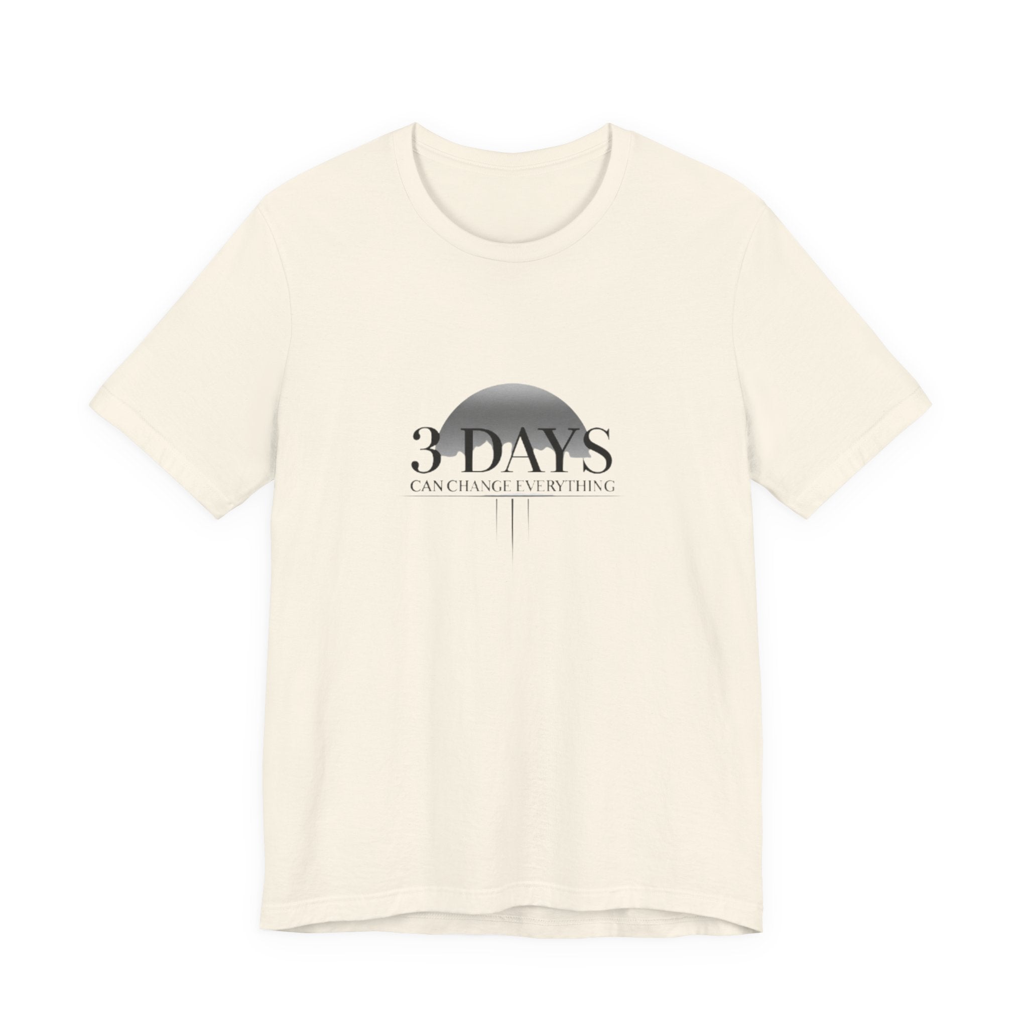 Beige t-shirt with a graphic design on a white background
