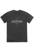 Justified by Faith black stone wash heavy tee – front view, premium garment-dyed Christian t-shirt