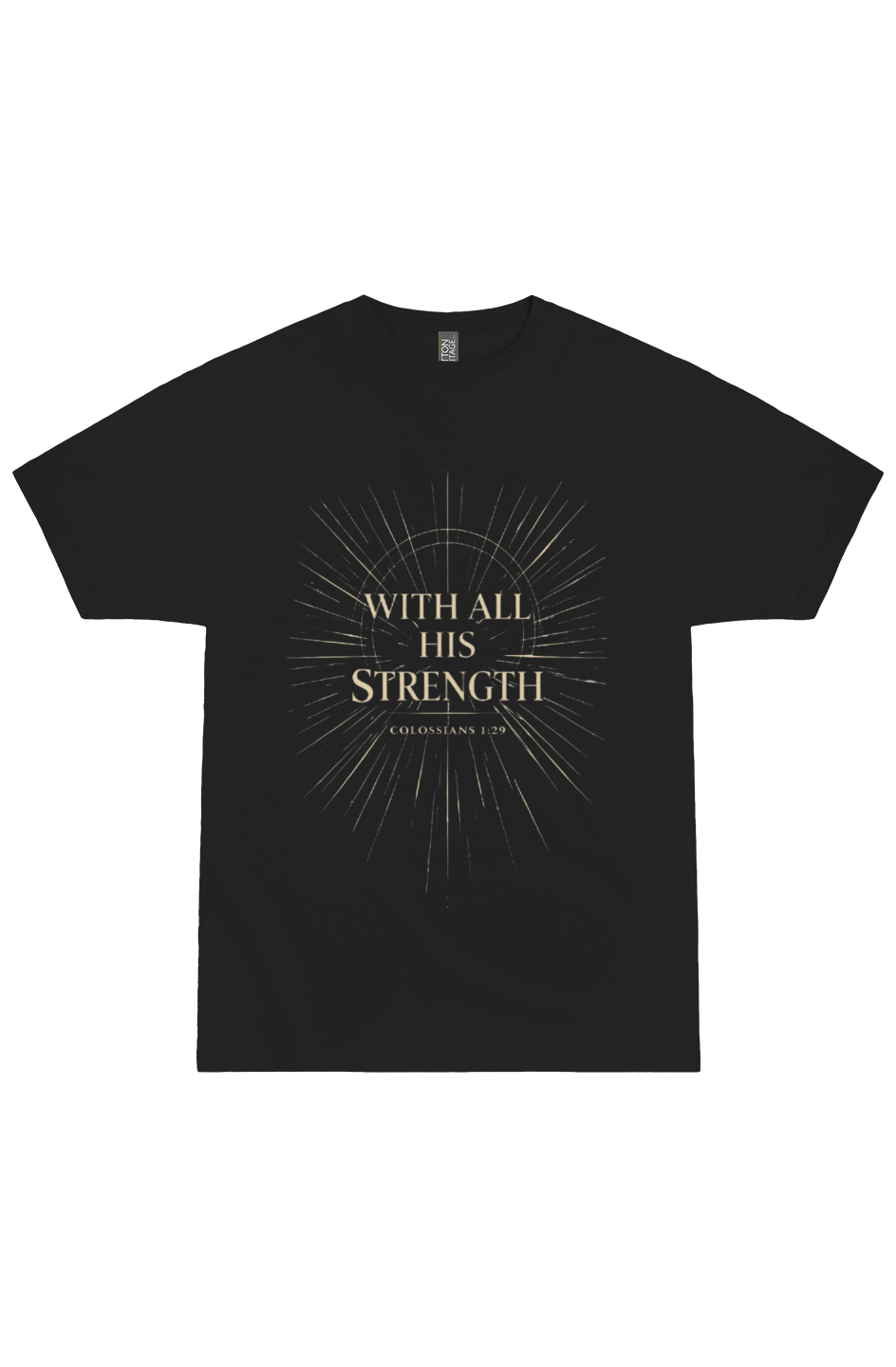 With All His Strength black heavy tee – front view, premium garment-dyed Christian t-shirt