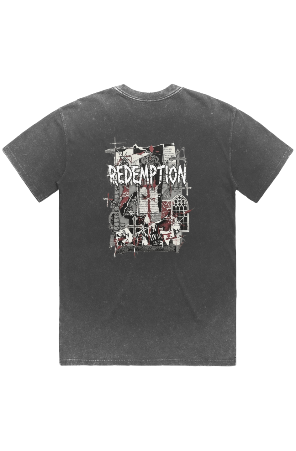 Redemption black stone wash heavy tee – back view, faith-based apparel by For His Glory