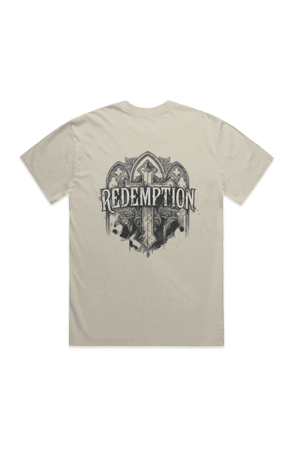 Redemption Gothic faded ecru heavy tee – back view, theology-inspired apparel by For His Glory