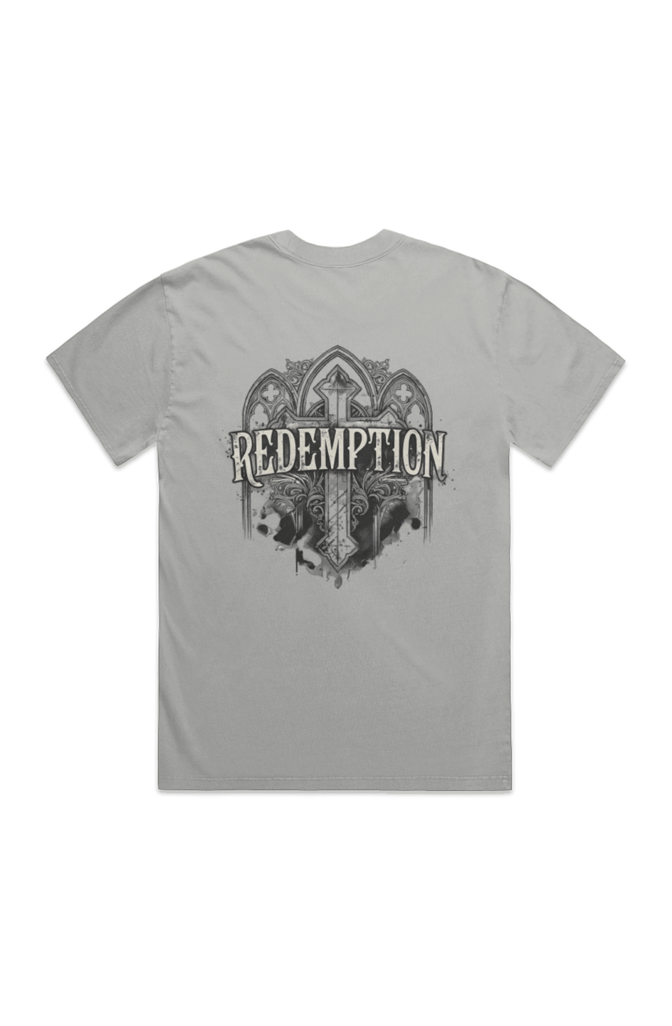 Redemption Gothic faded storm heavy tee – back view, faith-based t-shirt by For His Glory