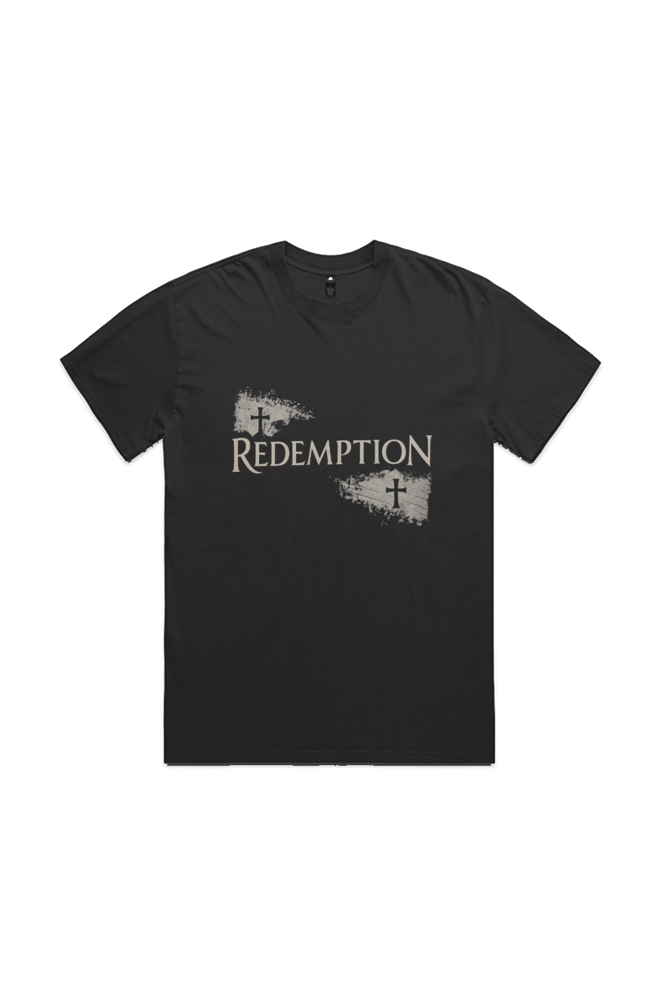 Redemption Street faded black heavy tee – front view, premium garment-dyed Christian t-shirt