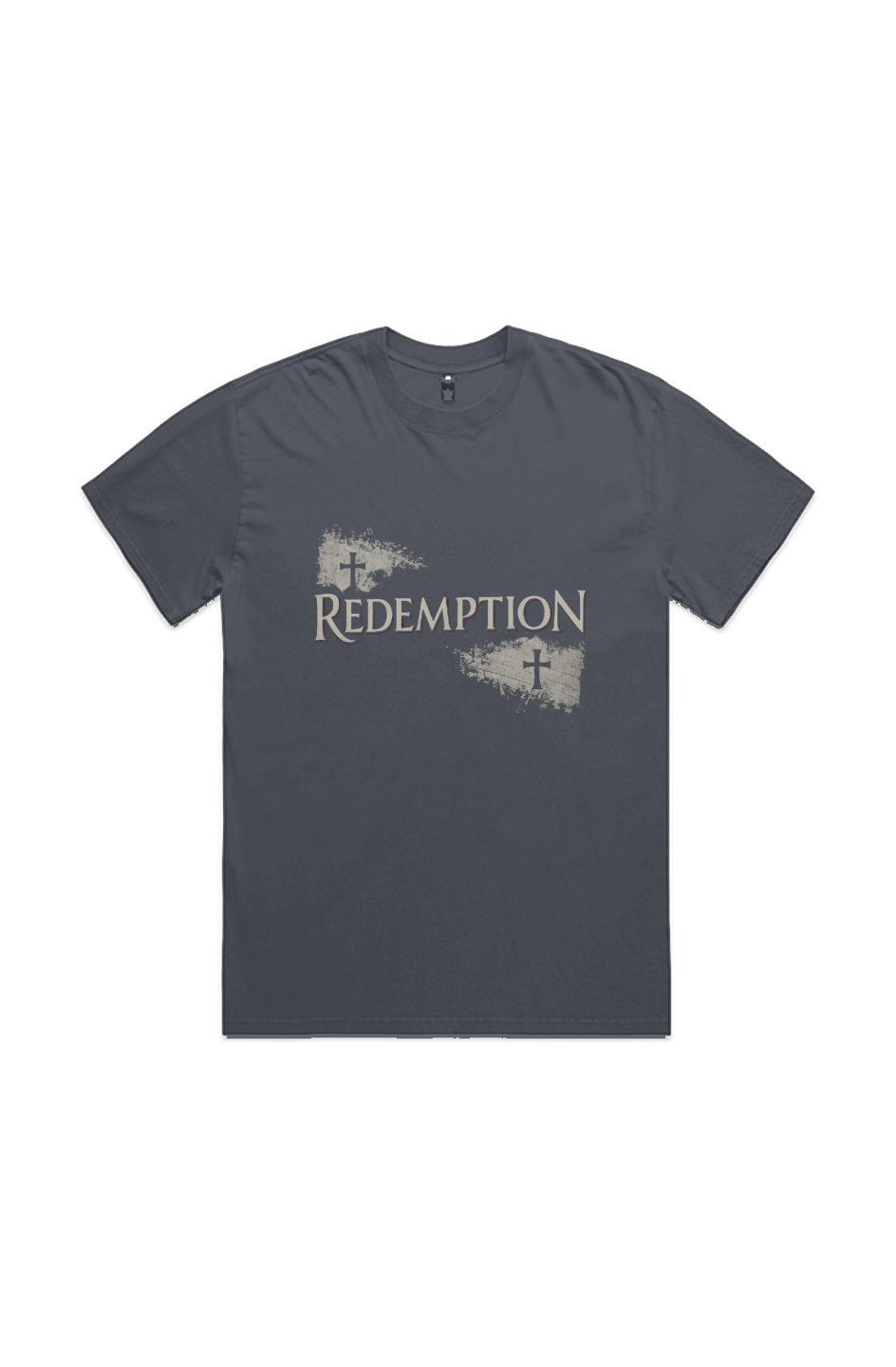 Redemption Street faded indigo heavy tee – front view, premium garment-dyed Christian apparel