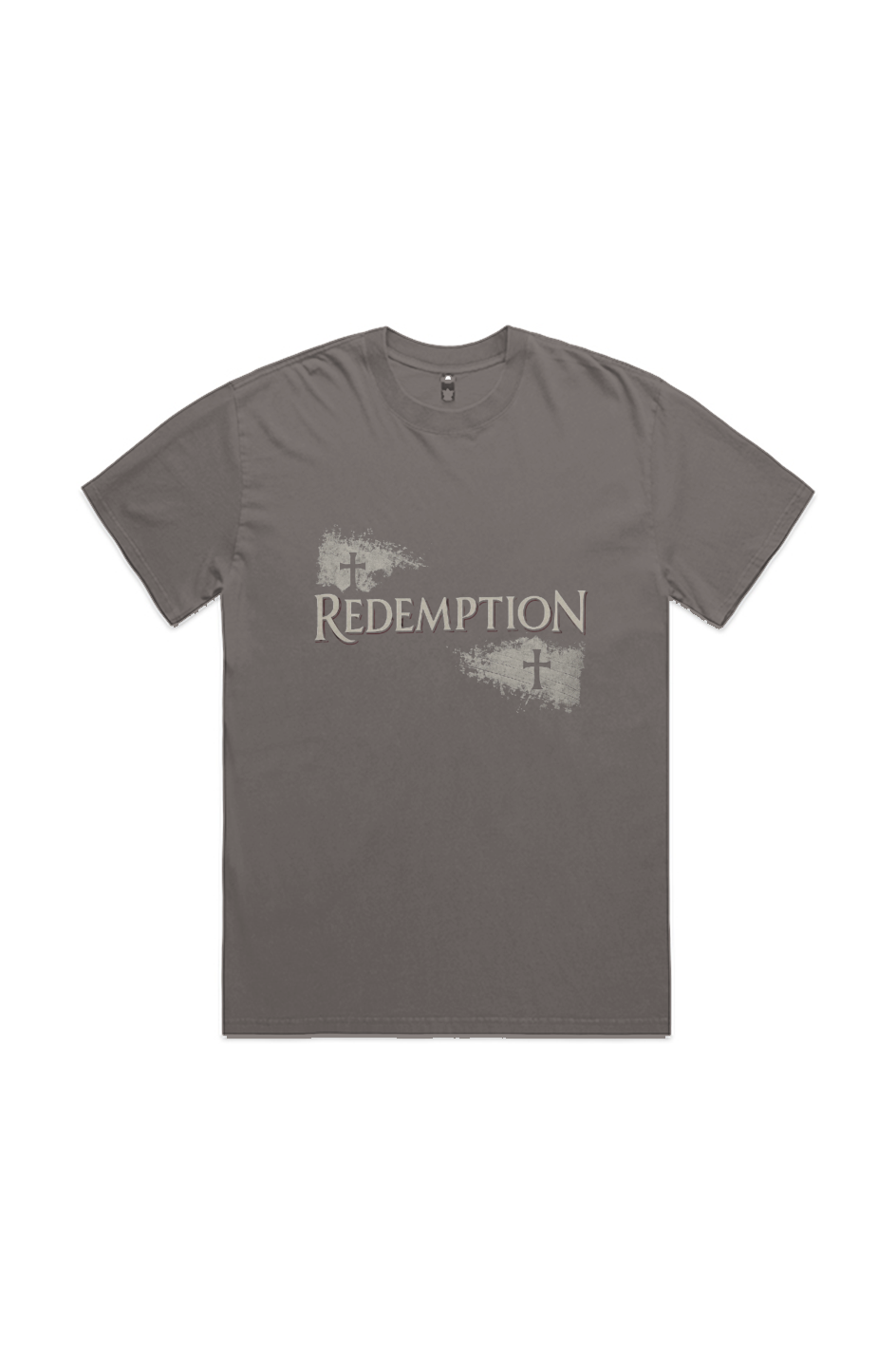 Redemption Street faded grey heavy tee – front view, premium garment-dyed faith apparel