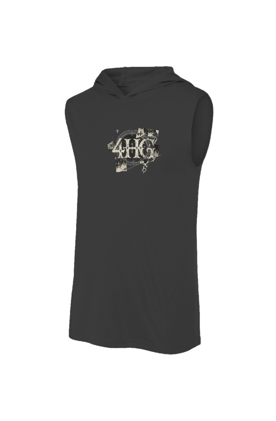 Redemption Sleeveless Hoodie in Black — front view showing Redemption gospel graphic, lightweight UPF 30 PosiCharge performance faith-based hoodie by 4HG