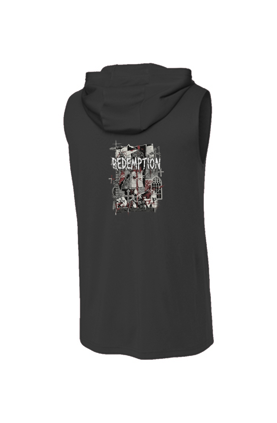 Redemption Sleeveless Hoodie in Black — back view showing design detail, lightweight UPF 30 PosiCharge performance faith-based hoodie by 4HG