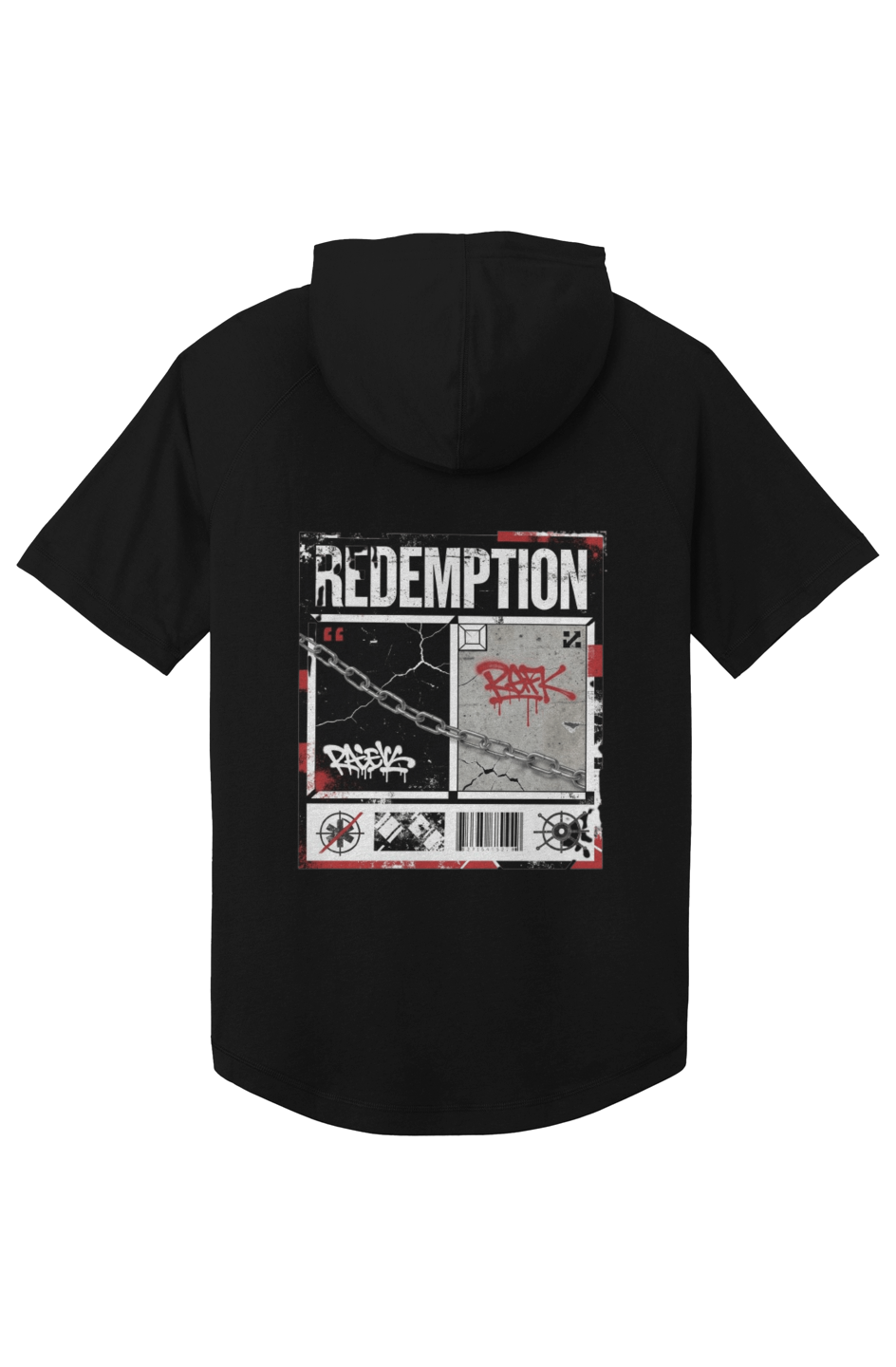 Redemption Punk Short Sleeve Hoodie in Black Triad Solid — back view showing design detail, lightweight PosiCharge performance faith-based hoodie by 4HG