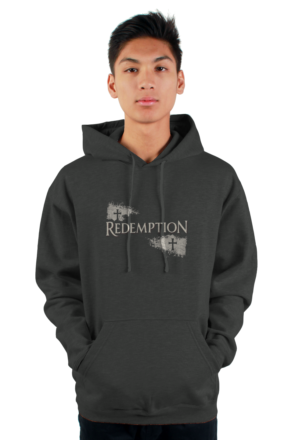 Redemption Pullover Hoodie in Charcoal — front view showing Redemption gospel graphic, 80% ring-spun cotton premium faith-based hoodie by 4HG