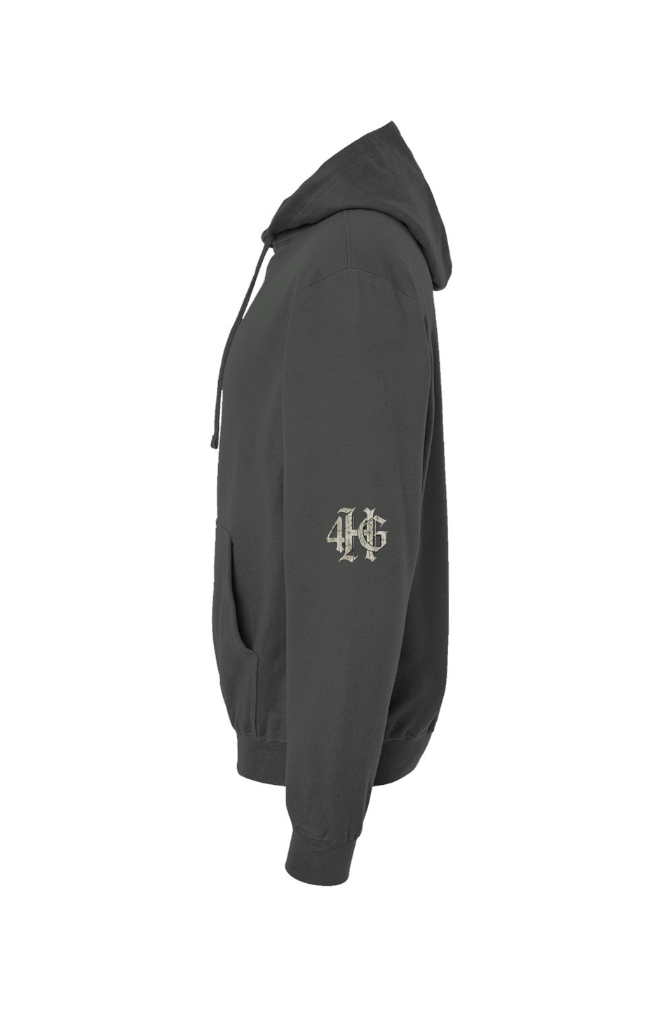 Redemption Pullover Hoodie in Charcoal — detail view showing left sleeve logo graphic, 80% ring-spun cotton premium faith-based hoodie by 4HG