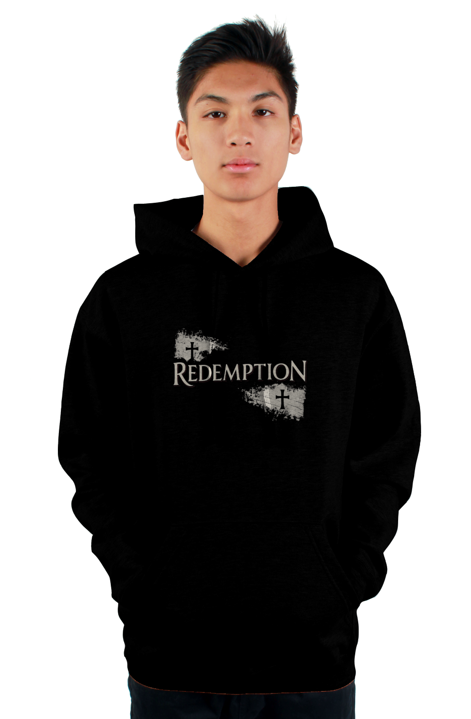 Redemption Pullover Hoodie in Black — front view showing Redemption gospel graphic, 80% ring-spun cotton premium faith-based hoodie by 4HG