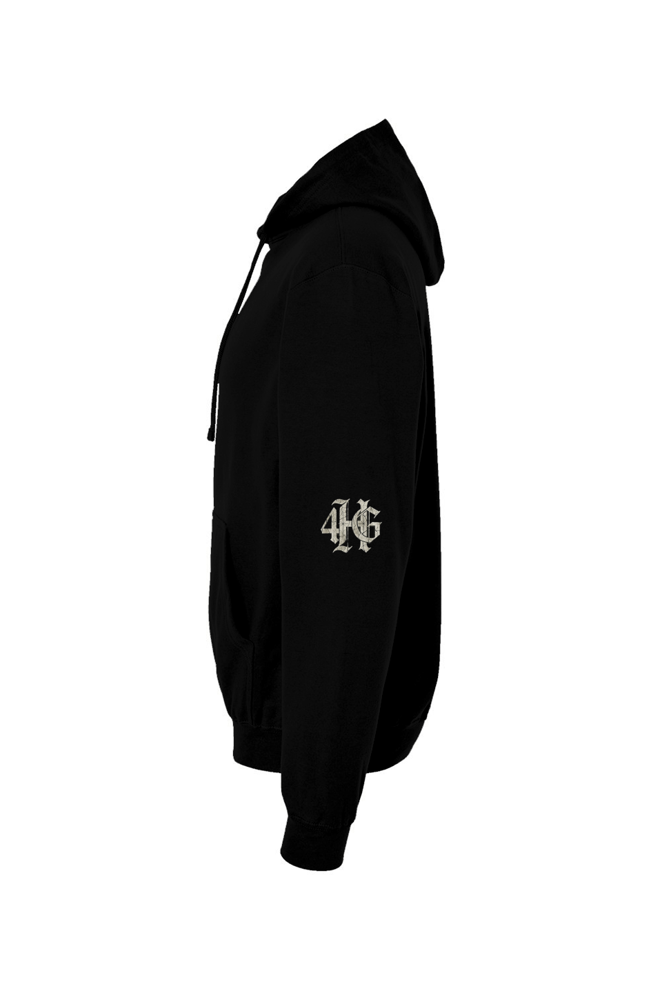 Redemption Pullover Hoodie in Black — detail view showing left sleeve logo graphic, 80% ring-spun cotton premium faith-based hoodie by 4HG