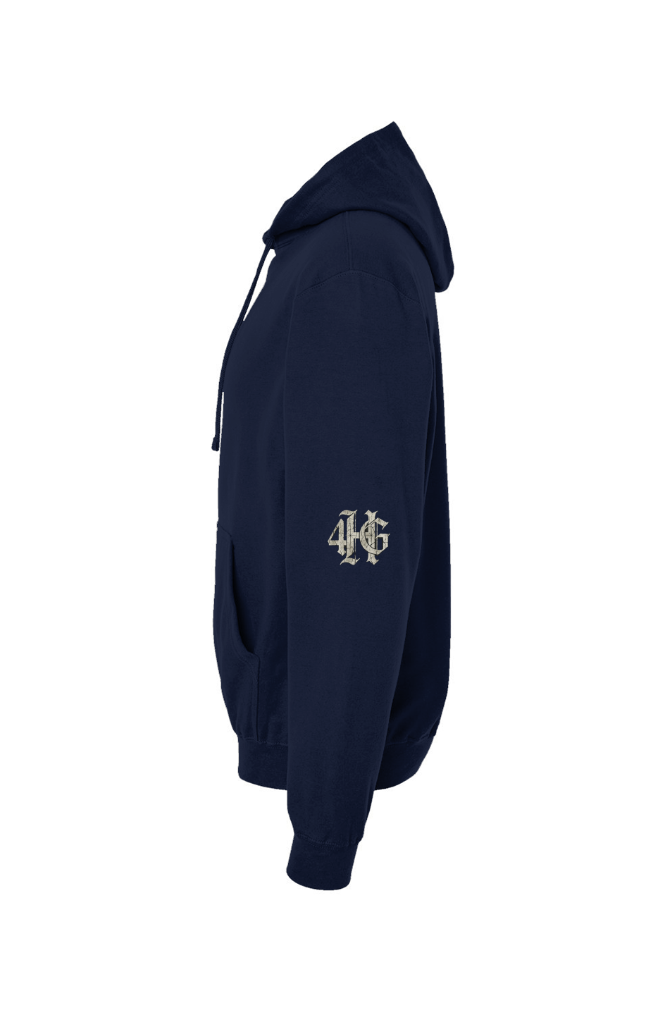 Redemption Pullover Hoodie in Navy — front view showing left sleeve logo graphic, 80% ring-spun cotton premium faith-based hoodie by 4HG