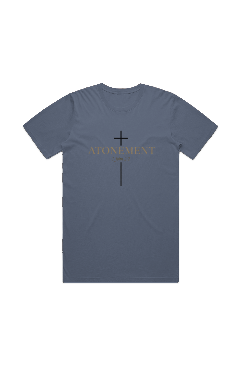 Atonement 1 John 2:2 Faded Tee in Faded Blue — front view showing 1 John 2:2 atonement scripture graphic, garment-washed Christian tee by 4HG