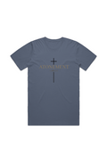 Atonement 1 John 2:2 Faded Tee in Faded Blue — front view showing 1 John 2:2 atonement scripture graphic, garment-washed Christian tee by 4HG