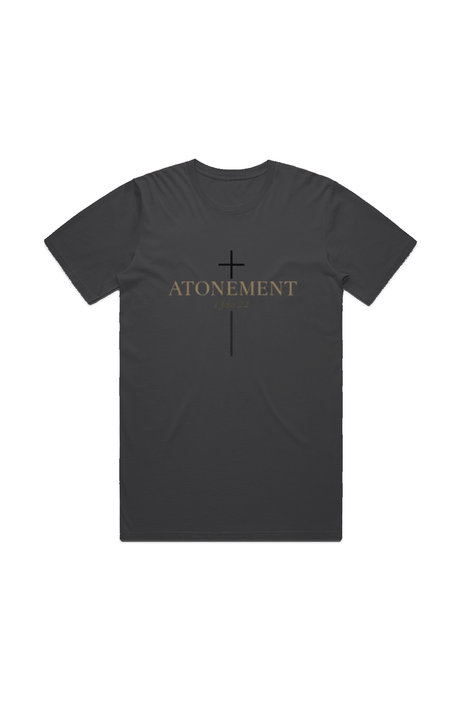 Atonement 1 John 2:2 Faded Tee in Faded Black — front view showing 1 John 2:2 atonement scripture graphic, garment-washed Christian tee by 4HG