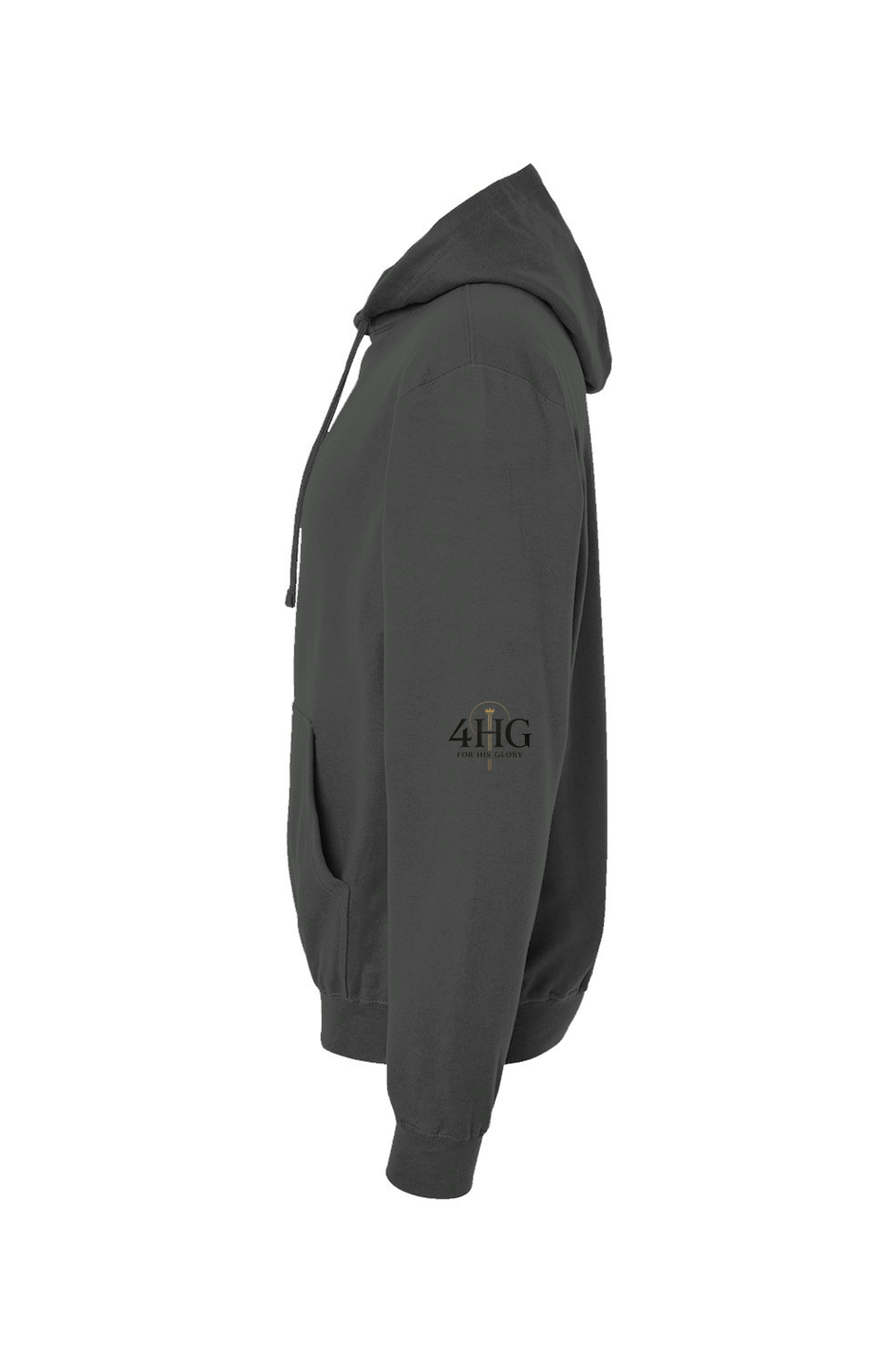 Atonement Pullover Hoodie in Charcoal — left sleeve view showing design detail, premium faith-based hoodie by 4HG