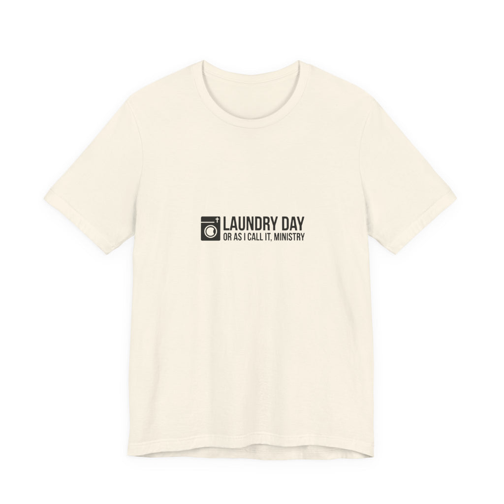 Beige t-shirt with black text and logo on a white background