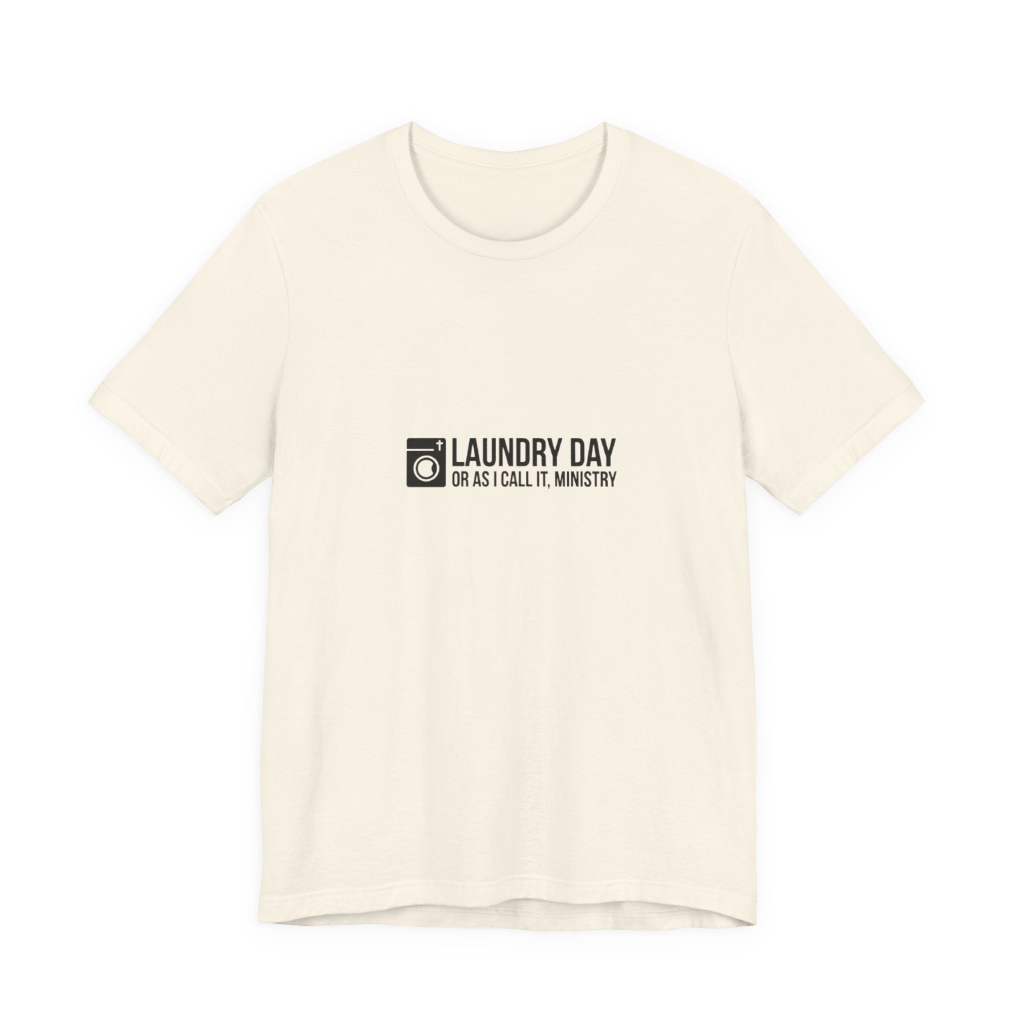 Beige t-shirt with black text and logo on a white background