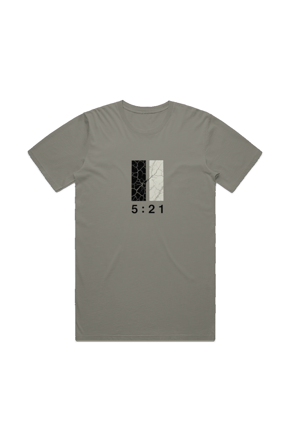 The Great Exchange Men's Staple Faded Tee in Faded Dust — front view showing 2 Corinthians 5:21 Great Exchange gospel graphic, garment-washed Christian tee by 4HG