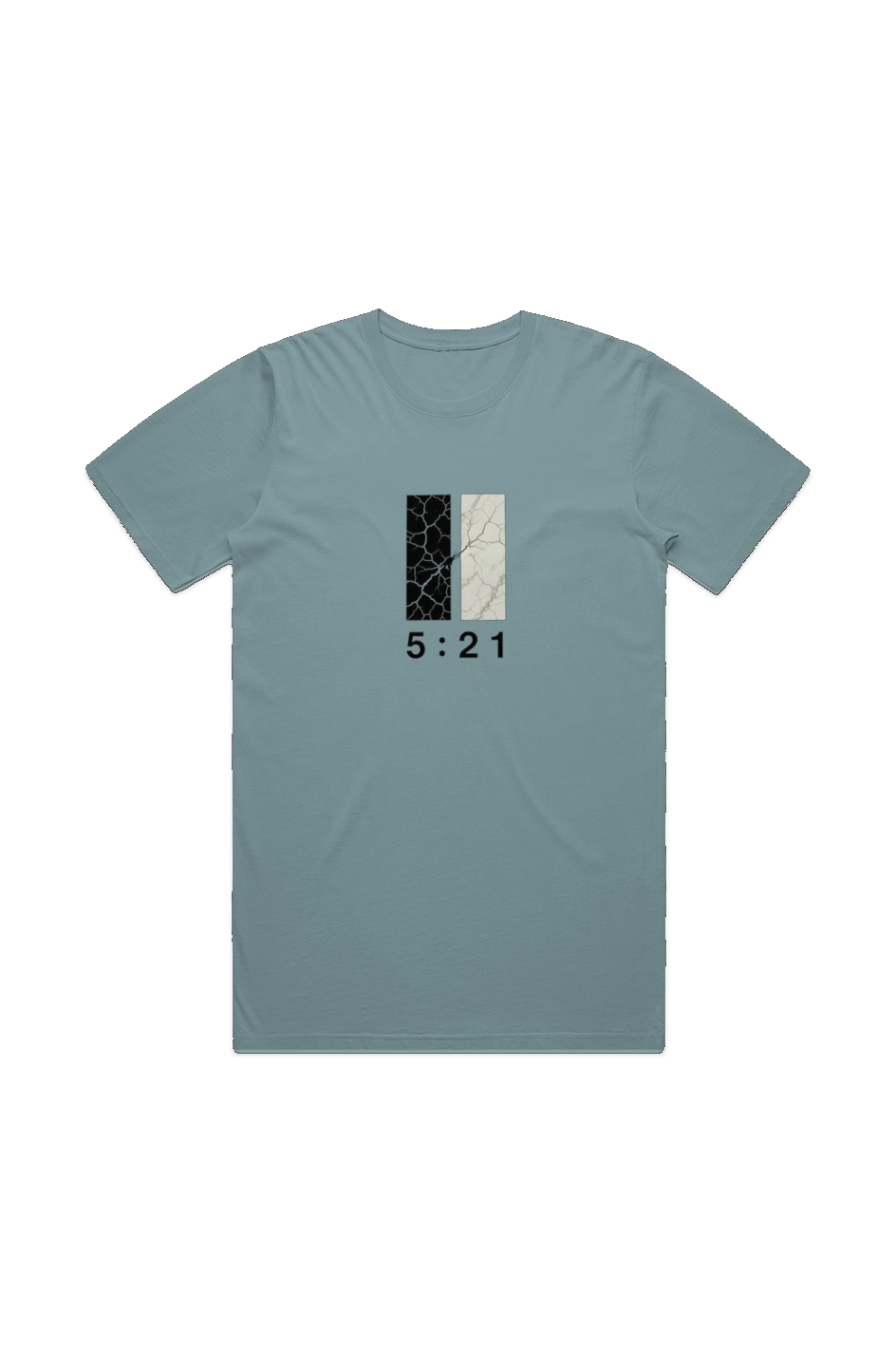 The Great Exchange Men's Staple Faded Tee in Faded Slate — front view showing 2 Corinthians 5:21 Great Exchange gospel graphic, garment-washed Christian tee by 4HG