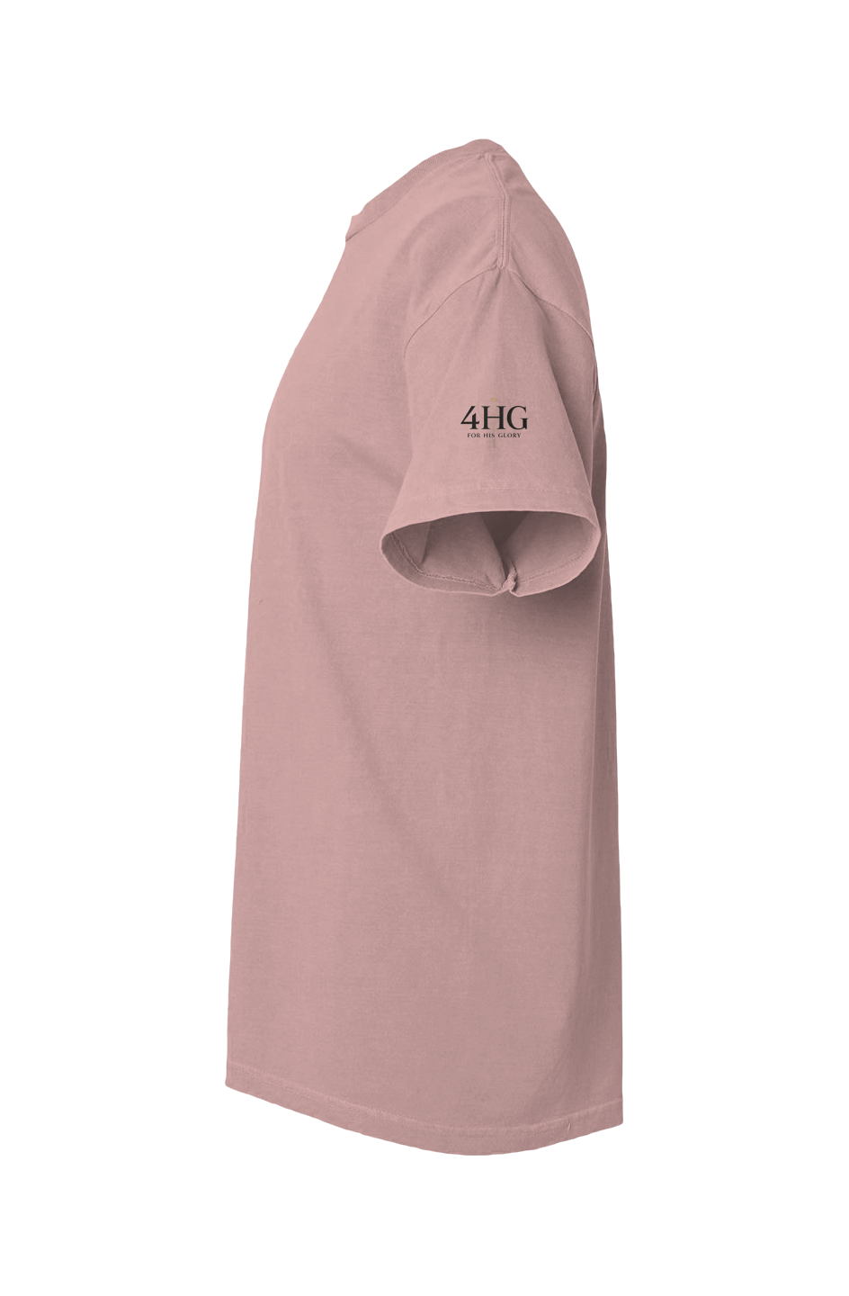 The Great Exchange Men's Staple Faded Tee in Faded Rose — left sleeve view showing 2 Corinthians 5:21 design detail, garment-washed Christian tee by 4HG