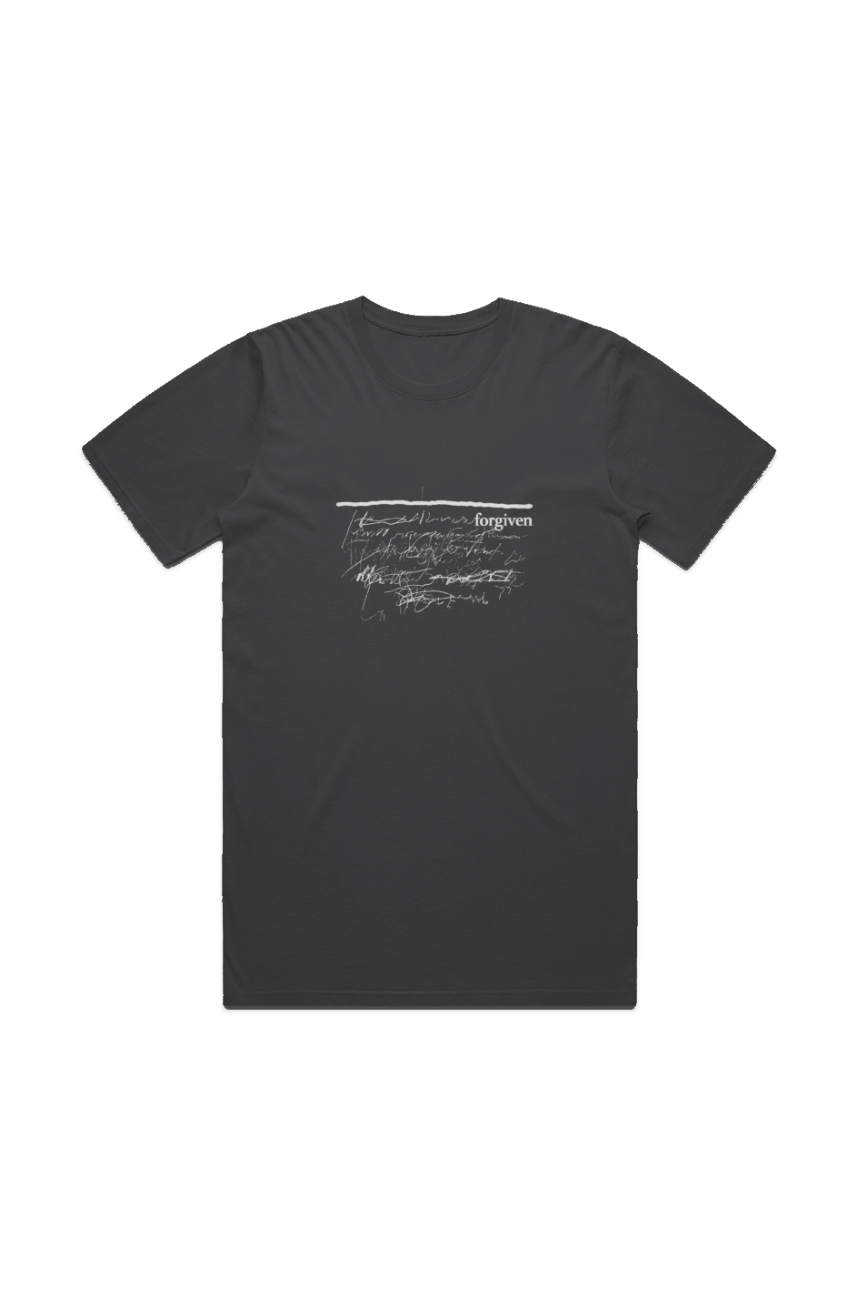 Forgiven Men's Staple Faded Tee in Faded Black — front view showing white Forgiven graphic, garment-washed Christian tee by 4HG